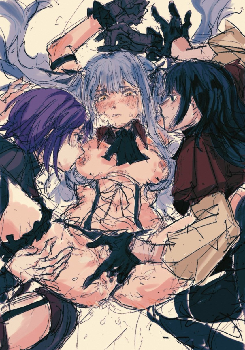 3girls armlet arms_up ascot bang_dream! bang_dream!_it's_mygo!!!!! black_ascot black_gloves black_hair black_pants black_ribbon black_thighhighs blue_hair blush breasts capelet commentary crying crying_with_eyes_open fingering garter_straps gloves green_eyes hair_ribbon highres jewelry kita_no_shinya licking licking_nipple long_hair long_sleeves medium_breasts medium_hair multiple_girls navel nipple_stimulation nipples pants parted_lips purple_hair red_capelet ribbon short_hair sidelocks spread_legs symbol-only_commentary tears thigh_strap thighhighs togawa_sakiko yahata_umiri yellow_eyes yuri yuutenji_nyamu