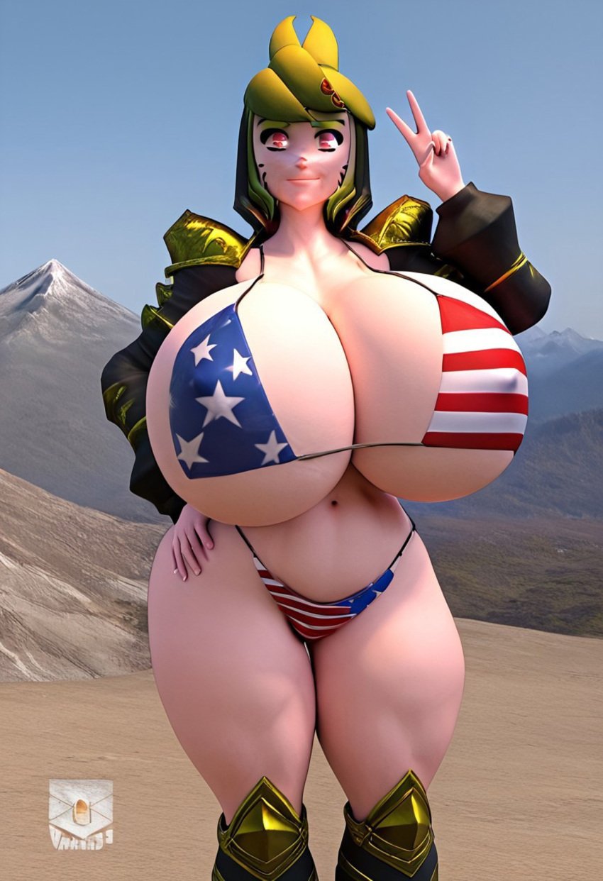 1girls 2024 3d ai_art ai_generated ai_generated_background alternate_breast_size american_flag_bikini big_butt bikini_armor black_hoodie blaste female female_focus female_only glitch_productions green_hair hand_on_hip huge_breasts human looking_at_viewer melony_(smg4) mountains red_eyes revealing_bikini shoulder_plate smg4 solo thicc_thighs v_sign