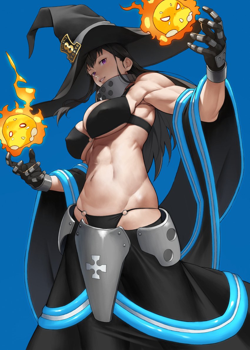 1girls abs absurd_res black_hair black_panties blue_background breasts cleavage enen_no_shouboutai fire_force hat hi_res large_breasts long_hair looking_at_viewer muscular muscular_female navel oze_maki panties parted_lips purple_eyes simple_background smile witch_hat yoshi55level