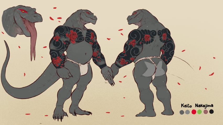 absurd_res anthro ass banana_da_boi biped bottomwear claws clothed clothing finger_claws forked_tongue grey_body hi_res lizard loincloth loincloth_only male model_sheet muscular muscular_anthro muscular_male navel rear_view reptile scalie standing tail tattoo tongue tongue_out topless