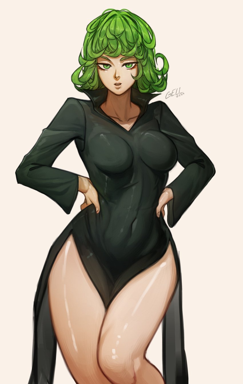 1girls alternate_breast_size artist_name bangs breasts clothing collarbone collared_dress curly_hair curvy dress eyelashes female female_focus female_only gelldraws green_eyes green_hair half-closed_eyes hand_on_hip highres hips human lips long_sleeves looking_at_viewer medium_breasts medium_hair navel navel_visible_through_clothes no_bra one-punch_man parted_lips pinup seductive shiny_skin signature simple_background solo solo_female tatsumaki teeth thick_thighs thighs tongue voluptuous white_background wide_hips