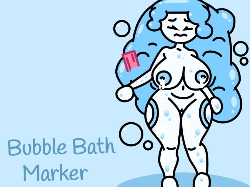 1girls breast_milk bubble_bath_marker bubbles find_the_markers lactating_nipples lactation light_blue_body light_blue_hair naked_female soap wet_body white_skin