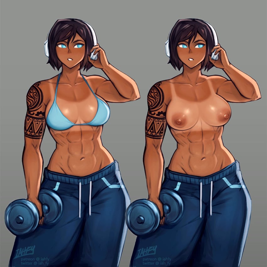 1girls abs arm_tattoo avatar_legends avatar_the_last_airbender biceps bikini bikini_top_only blue_bikini blue_eyes bra breasts brown_hair casual clothing dark-skinned_female dark_nipples dark_skin dumbbell female headphones highres human iahfy korra muscular muscular_female navel nipples pants short_hair sportswear stomach sweatpants swimsuit swimwear tan tanlines tattoo the_avatar the_legend_of_korra topless underwear water_tribe