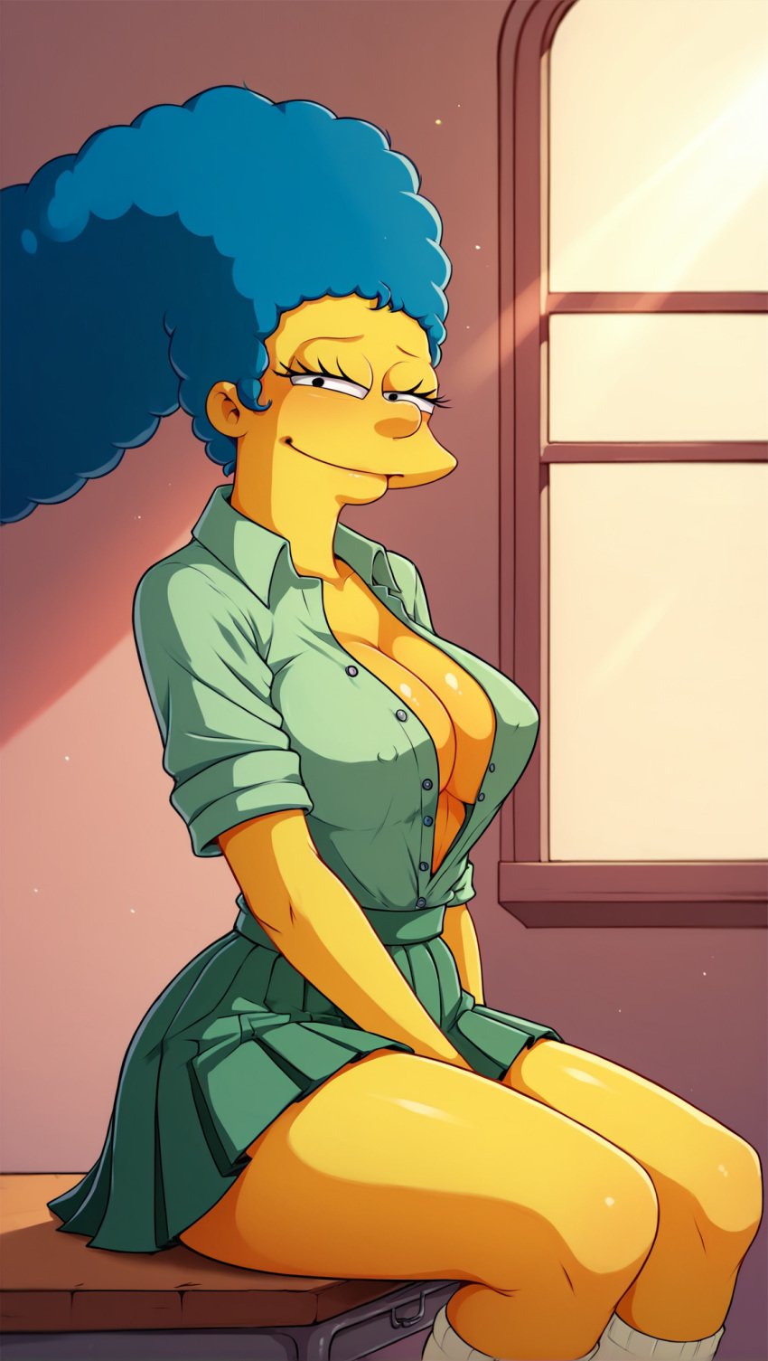 1girls 20th_century_fox 20th_century_studios ai_generated blue_hair breasts cleavage clothing desk female female_only green_shirt green_skirt hair_blue hourglass_figure human indoors looking_at_viewer marge_simpson milf skirt smiling_at_viewer solo solo_female sunlight the_simpsons voluptuous voluptuous_female yellow_skin