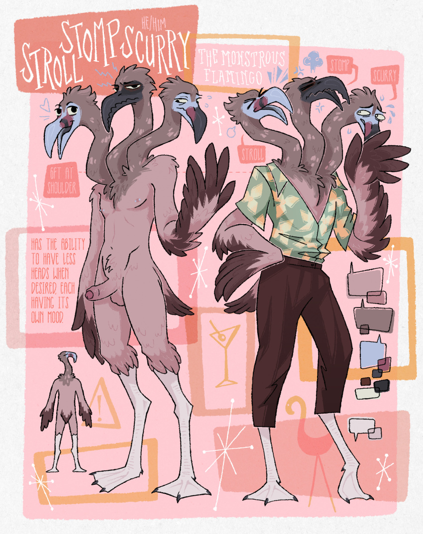 3_heads aloha_shirt anthro avian balls bird bottomwear brown_body brown_feathers clothing english_text erection feathered_wings feathers feet flamingo genitals half-closed_eyes hi_res humanoid_genitalia humanoid_penis jariloxe male membrane_(anatomy) model_sheet multi_head narrowed_eyes nude open_mouth open_smile pants pattern_clothing pattern_shirt pattern_topwear penis shirt smile solo text toes topwear webbed_feet white_body white_skin wide_eyed winged_arms wings