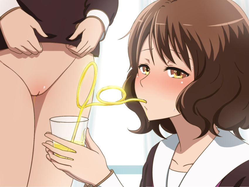 2girls bendy_straw blush brown_eyes brown_hair clothing drinking_pee female female_protagonist hibike!_euphonium hiru_tsumuri multiple_girls oumae_kumiko peeing peeing_in_cup piss_drinking pussy school_uniform short_hair straw uncensored urine urine_in_container