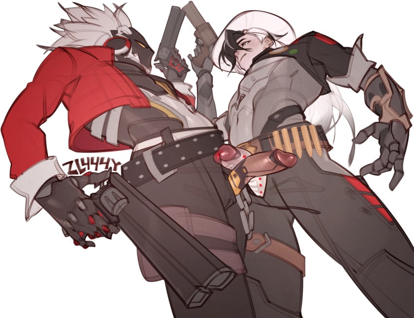 absurd_res absurdres android billy_kid_(zenless_zone_zero) boothill_(honkai:_star_rail) cowboy cowboy_hat crossover cyborg frottage gay gun hi_res highres holding_gun honkai:_star_rail jacket long_hair male male_focus male_only penis penis_out robot white_hair yaoi zenless_zone_zero zl444y