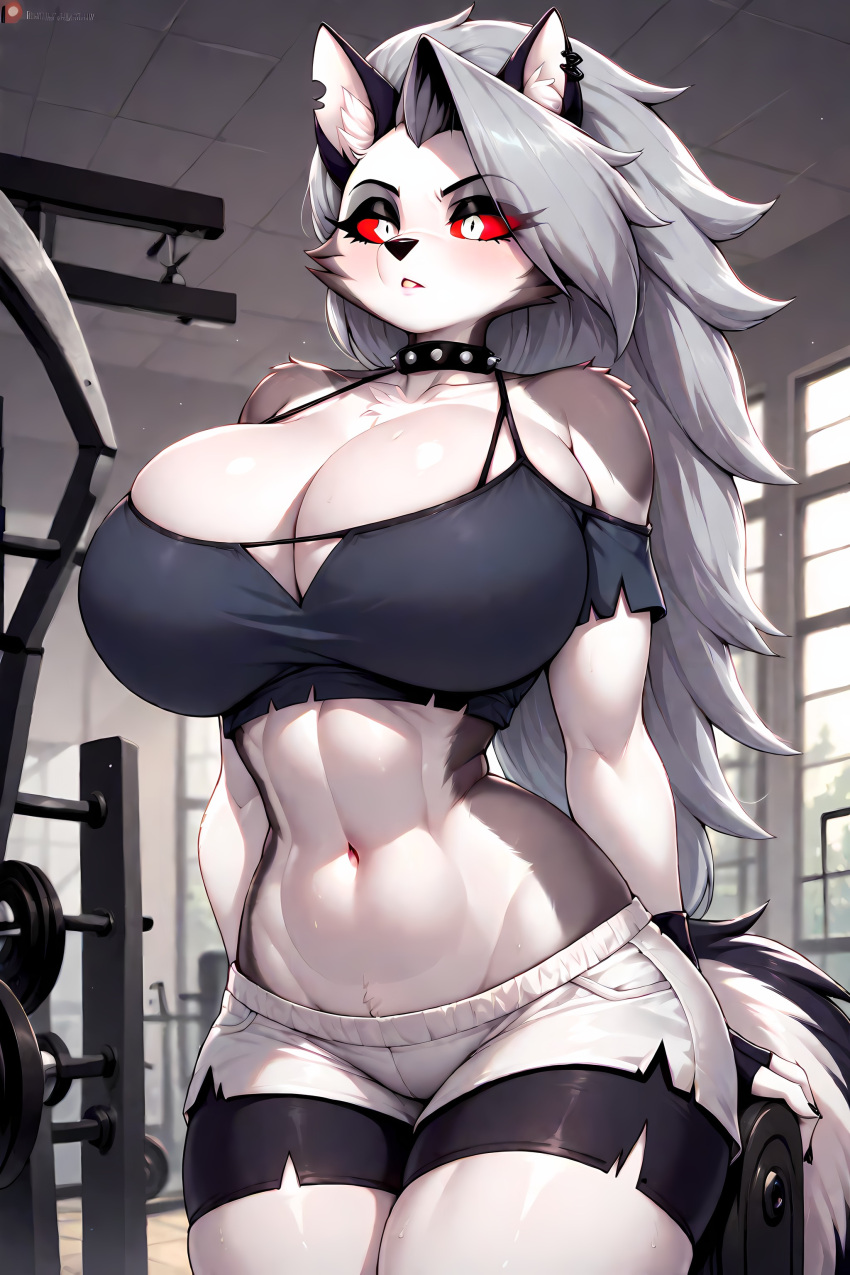 1girls ai_generated big_breasts breasts cleavage collarbone evofurryai female helluva_boss huge_breasts large_breasts loona_(helluva_boss) solo solo_focus white_shorts