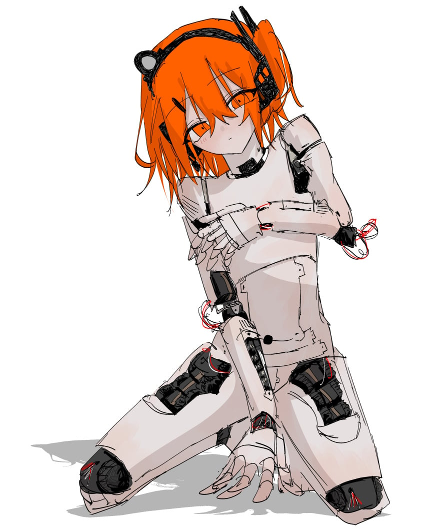 1girls a.i._voice adachi_rei android between_legs closed_mouth completely_nude covering_breasts covering_privates full_body h44ne1 hair_between_eyes hand_between_legs headlamp joints kneeling looking_at_viewer mechanical_parts medium_hair nude one_side_up orange_eyes orange_hair radio_antenna robot robot_girl robot_joints simple_background solo utau white_background