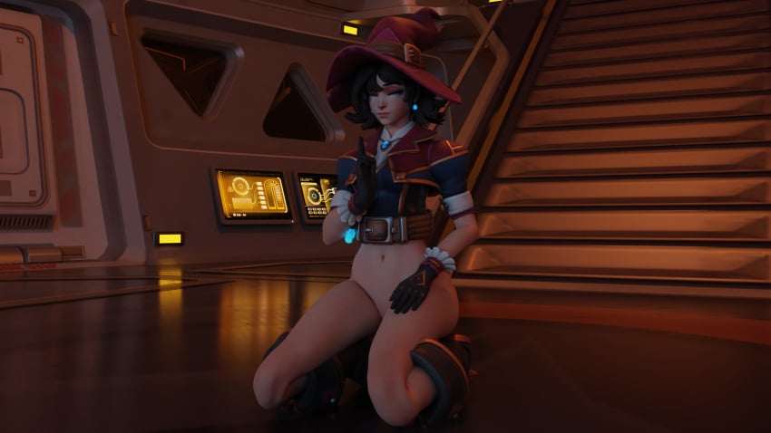 1girls 3d blender boots bottomless brown_hair closed_eyes female gloves hat kiriko_(overwatch) meditating meditation overwatch overwatch_2 solo witch witch_hat witch_kiriko