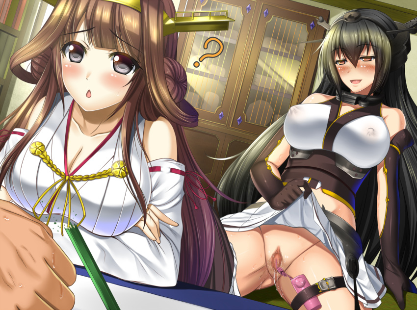 2girls ? black_hair blush breasts broken_pencil brown_hair censored detached_sleeves double_bun erect_nipples gloves hairband headgear japanese_clothes kantai_collection kongou_(kantai_collection) large_breasts long_hair multiple_girls nagato_(kantai_collection) nontraditional_miko open_mouth pencil pussy red_eyes shibata_rai skirt skirt_lift vibrator