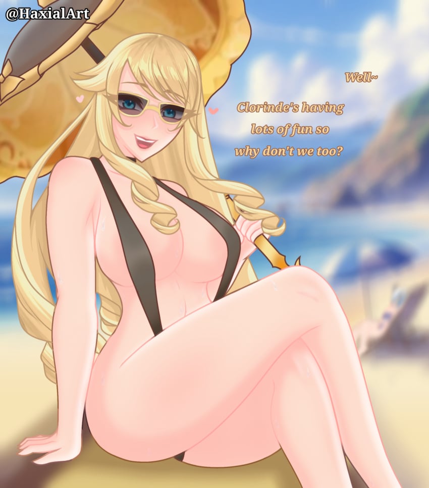 beach blonde_hair genshin_impact haxial navia_(genshin_impact) sunglasses swimsuit tagme tinted_eyewear umbrella