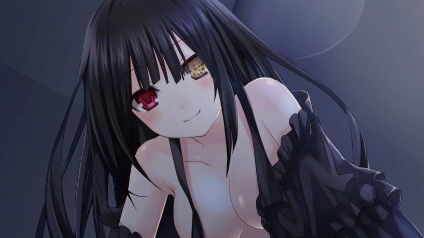 armpits bare_shoulders big_breasts black_hair blush breasts closed_mouth convenient_censoring date_a_live game_cg heterochromia indoors lights_off long_hair official_art open_dress shiny_skin smile tokisaki_kurumi tsunako