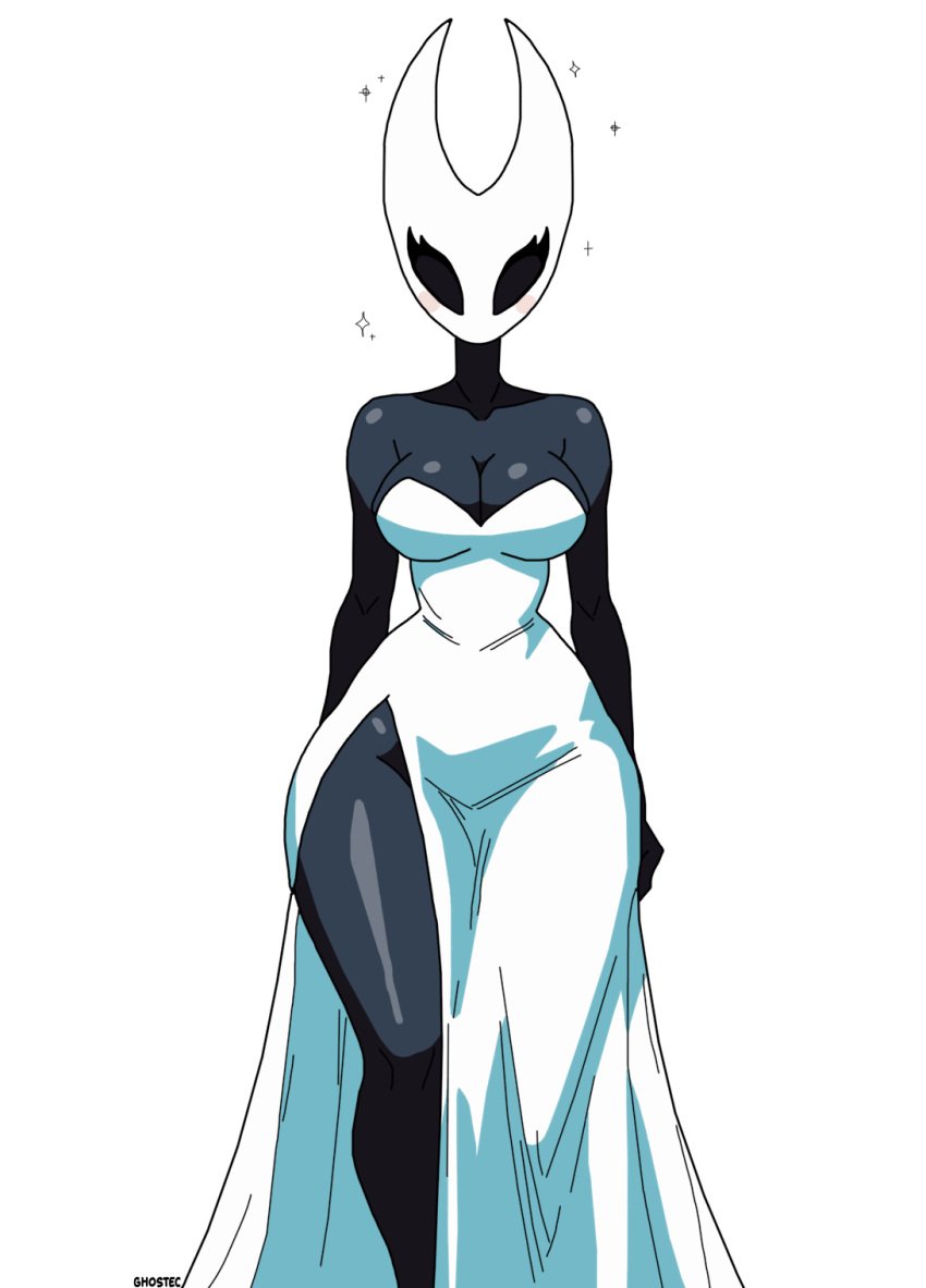 bare_shoulders black_sclera black_skin blush breasts bug bug_girl clothed collarbone dark_skin dress female female_only front_view ghostec hollow_knight hollow_knight:_silksong hornet_(hollow_knight) insect_girl insects looking_at_viewer rosy_cheeks signature silksong simple_background solo sparkles standing thick_thighs white_background white_dress wide_hips