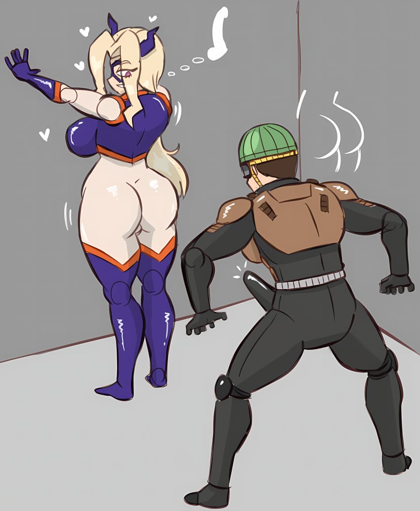 1boy 1girls against_wall ass big_ass blonde_hair bodysuit crossover domino_mask erection_under_clothes fake_horns female hearts_around_head hero hero_outfit_(mha) heroine horned_headwear imminent_sex male masked_female mount_lady mumen_rider my_hero_academia one-punch_man purple_eyes santiago951 yuu_takeyama