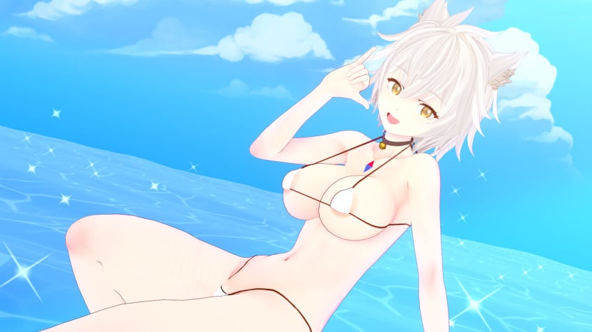 3d beach bell_choker belly_button big_breasts breasts cat_ears catgirl choker core_crystal curvy female female_only kaoskatsu koikatsu! micro_bikini monolith_soft na'el_(xenoblade) nintendo short_hair solo solo_female swimsuit voluptuous white_hair xenoblade_(series) xenoblade_chronicles_3 xenoblade_chronicles_3:_future_redeemed yellow_eyes