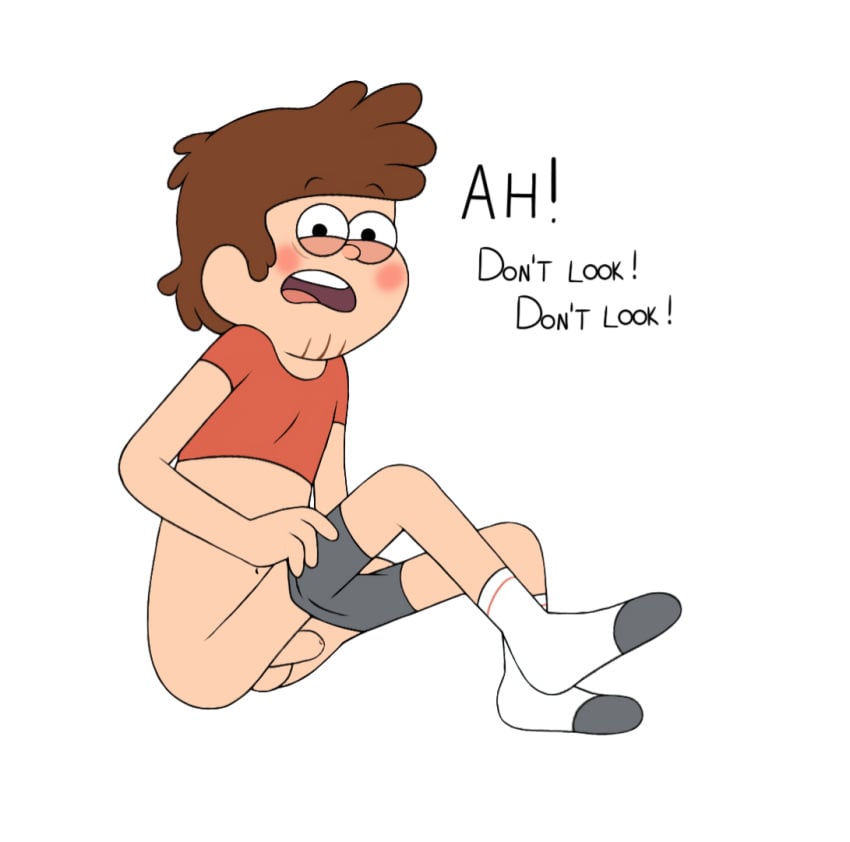 1boy 1male aged_up balls black_eyes blush blushing blushing_male brown_hair cartoony clothed clothing color colored curly_hair digital_drawing_(artwork) digital_media_(artwork) dipper_pines embarrassed embarrassed_nude_male english_text flat_colors funny gravity_falls grey_shorts hairless_penis half-dressed half_naked legs_apart male_only naked naked_male navel not_ai_generated nude nude_male orange_shirt orange_topwear penis penis_out semi_nude short_hair small_clothes solo solo_focus spread_legs stubble uncensored uncircumcised uncut weird