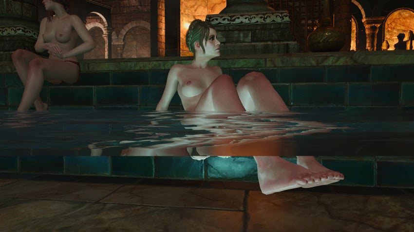 2girls 3d blonde_hair multiple_girls npc nude nude_female screencap the_witcher_(series) the_witcher_3:_wild_hunt thefootcollector69 topless