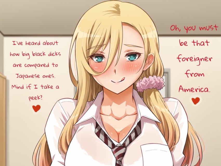 1girls blonde_hair blue_eyes color foreigner full_color huge_breasts kuzuryuu_hanako licking_lips long_hair red_text white_shirt yankee_jk_kuzuhana_chan