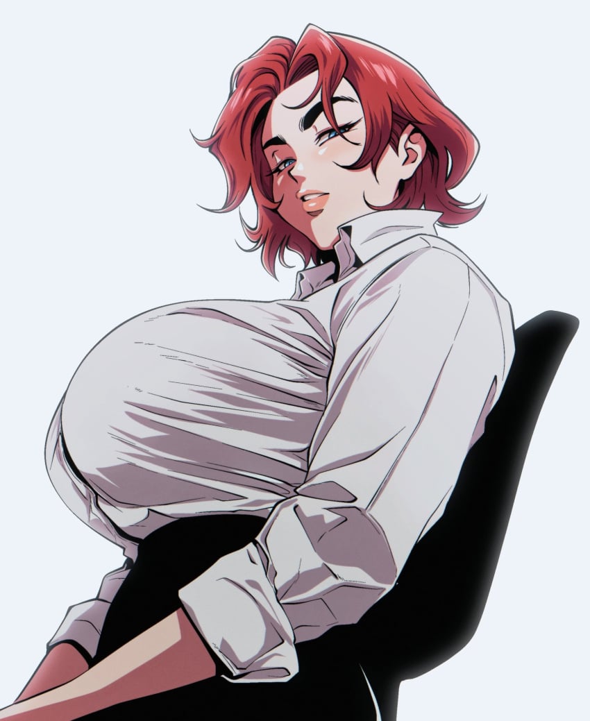 ass balak big_breasts black_eyebrows blue_eyes breasts female hair maxine_(balak) red_hair tagme white_shirt