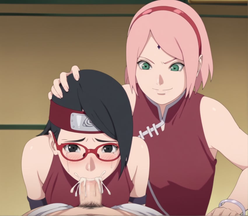 1boy 2girls ai_generated assisted_fellatio black_hair blush boruto:_naruto_next_generations breasts censored censored_penis cum cum_in_mouth cum_on_body cum_on_breasts cum_on_face cum_on_upper_body cumshot faceless faceless_male facial fellatio female forehead_jewel glasses green_eyes hand_on_head human male milf mosaic_censoring mother_and_daughter mugen multiple_girls nail_polish naked naruto nipples nude oral penis pink_hair presenting sakura_haruno sarada_uchiha stable_diffusion straight teamwork threesome viewed_from_above