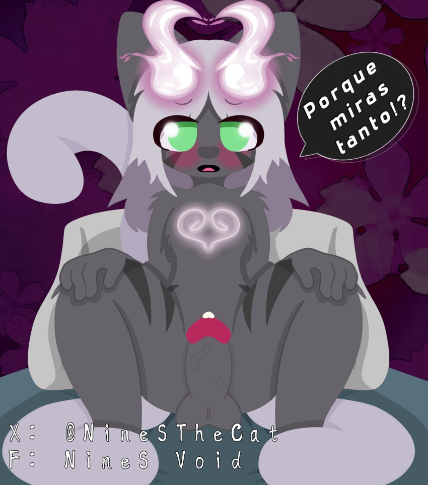 bedroom blush cat_ears cat_tail catboy cum fire furry furry_male furry_only gray_fur gray_hair green_eyes grey_skin heart heart_symbol male male_only nekomata nines_the_cat ninesthecat oc penis pink_fire spanish_text tail