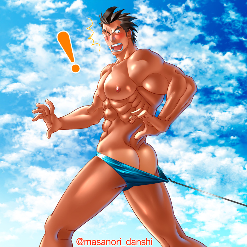 ! 10s 1:1 1boy 2017 ass black_hair blush blush_lines capcom coppertone daigo_kazama gay male male_only masanori masanori_danshi muscular nipples rival_schools scar scar_across_eye sky_background solo speedo surprised tagme tanline video_games