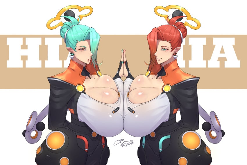 2girls bertha_(zenless_zone_zero) breasts cleavage coolpsyco106 female hair_over_one_eye huge_breasts lyla_(zenless_zone_zero) multiple_girls pressing_breasts red_eyes twins zenless_zone_zero