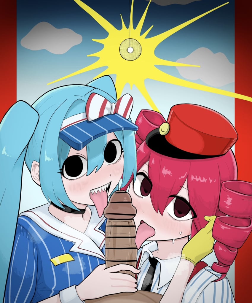 1boy 2girls aqua_hair bar_censor black_eyes black_necktie blowjob blue_dress blue_hat blush censor_bar censored censored_penis collared_shirt dark-skinned_male dress drill_hair fellatio handjob hat hatsune_miku hypnosis interracial kagemono_(inte_18) kasane_teto licking licking_penis long_hair mesmerizer_(vocaloid) mesmerizer_miku mesmerizer_teto mv_character necktie penis penis_lick pink_eyes pink_hair pov red_hat sharp_teeth straight striped_bow striped_dress striped_shirt tongue twin_drills twintails utau visor_cap vocaloid white_shirt