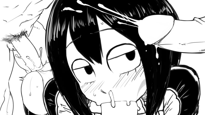 black_eyes black_hair blush breasts cum cum_out_nose fellatio female gangbang group_sex long_hair monochrome multiple_penises my_hero_academia oral penis sex smooth_skin tsuyu_asui uichi-chi