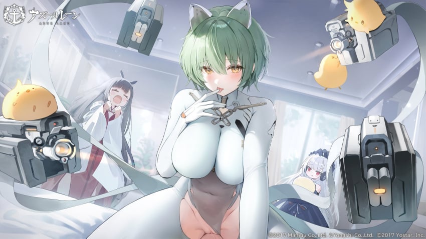 3girls 4animals admiral_nakhimov_(azur_lane) azur_lane background_characters belly_button bodysuit breasts cat_ears catgirl daisen_(azur_lane) eagle_union_(azur_lane) female finger_lick green_hair hair_between_eyes halford_(azur_lane) highres huge_breasts light-skinned_female light_skin looking_at_viewer manjuu_(azur_lane) northern_parliament_(azur_lane) sakura_empire_(azur_lane) see-through_clothing short_hair solo_focus tagme white_bodysuit yellow_eyes zhaoweiqing520