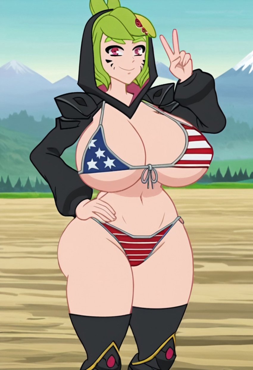 1girls 2024 ai_art ai_generated ai_generated_background alternate_breast_size american_flag_bikini apple_green_hair big_butt bikini_armor black_hood black_hoodie black_legwear black_thighhighs blaste cropped_legs female female_focus female_only front_view glitch_productions green_hair hair hand_on_hip hood_up hoodie huge_breasts human light_green_hair looking_at_viewer melony_(smg4) mountains panties red_eyes red_panties revealing_bikini shoulder_plate side-tie_bikini smg4 solo standing striped_panties thick_thighs v_sign