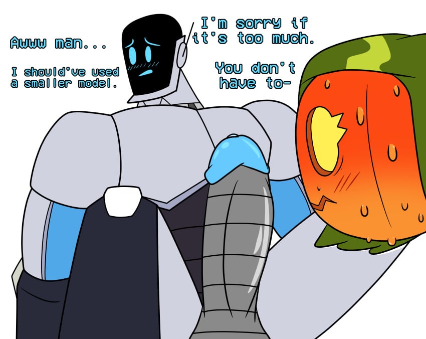 antennae big_cock big_penis blue_eyes blush green_hair if_it's_too_much_you_don't_(meme) jacqueline_(monster_prom) monster_camp monster_prom monster_roadtrip oc original_character penis plant_girl pumpkin pumpkin_head robot robot_boy screen_face staring staring_at_penis time_jester_(artist) white_background yellow_eyes