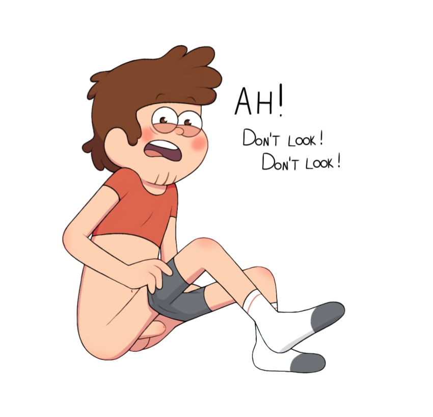 1boy 1male aged_up balls blush blushing_male brown_eyes brown_hair color colored curly_hair cute cute_expression digital_drawing_(artwork) digital_media_(artwork) dipper_pines dressing embarrassed embarrassed_male embarrassed_nude_male english_text funny gravity_falls grey_shorts hairless_penis male_only not_ai_generated orange_shirt penis penis_out putting_clothes_on short_hair simple_shading skinny small_clothes socks soft_shading solo solo_focus spread_legs stubble toony uncensored uncircumcised uncut undressing white_background young