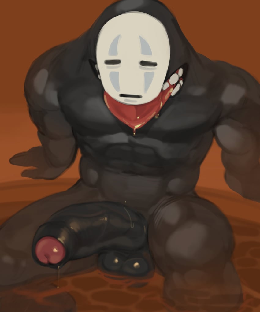 absurd_res balls bara black_body digital_drawing_(artwork) digital_media_(artwork) erection foreskin genitals glans hi_res humanoid_genitalia humanoid_penis kaonashi kogito male male_only monster partially_submerged penis simple_background solo spirited_away studio_ghibli tongue tongue_out