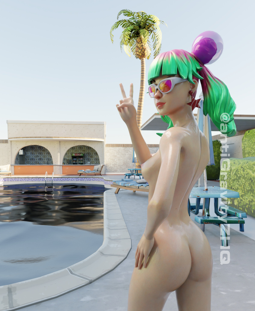 1girls 3d 3d_(artwork) antigravityzhq ass ass_focus female_only fortnite fortnite:_battle_royale looking_at_viewer nude_female pool solo solo_focus sunglasses tinted_eyewear tropical_punch_zoey wet zoey_(fortnite)