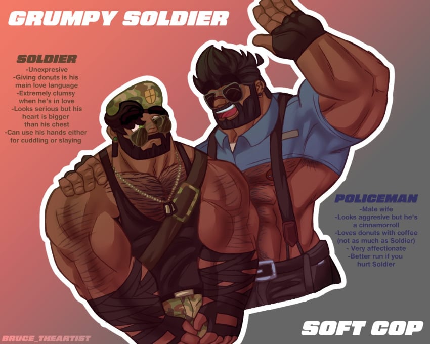 2males bara bara_hairy bara_tits brunotheart hairy_arms hairy_bara hairy_male muscle muscle_bara policeman policeman_bruno soldier soldier_bruno