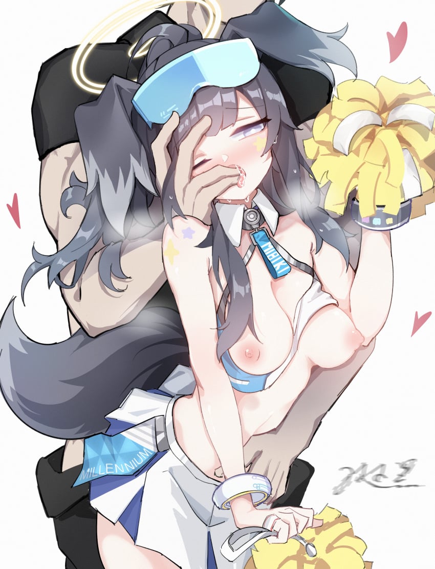 absurdres animal_ears bare_shoulders black_hair blue_archive blush breasts breasts_out cheerleader dog_ears dog_girl dog_tail eyewear_on_head female feng_xiaohei finger_in_another's_mouth finger_sucking halo heart hibiki_(blue_archive) hibiki_(cheer_squad)_(blue_archive) highres millennium_cheerleader_outfit_(blue_archive) miniskirt navel nipples official_alternate_costume pom_pom_(cheerleading) saliva skirt small_breasts straight tail tongue tongue_out