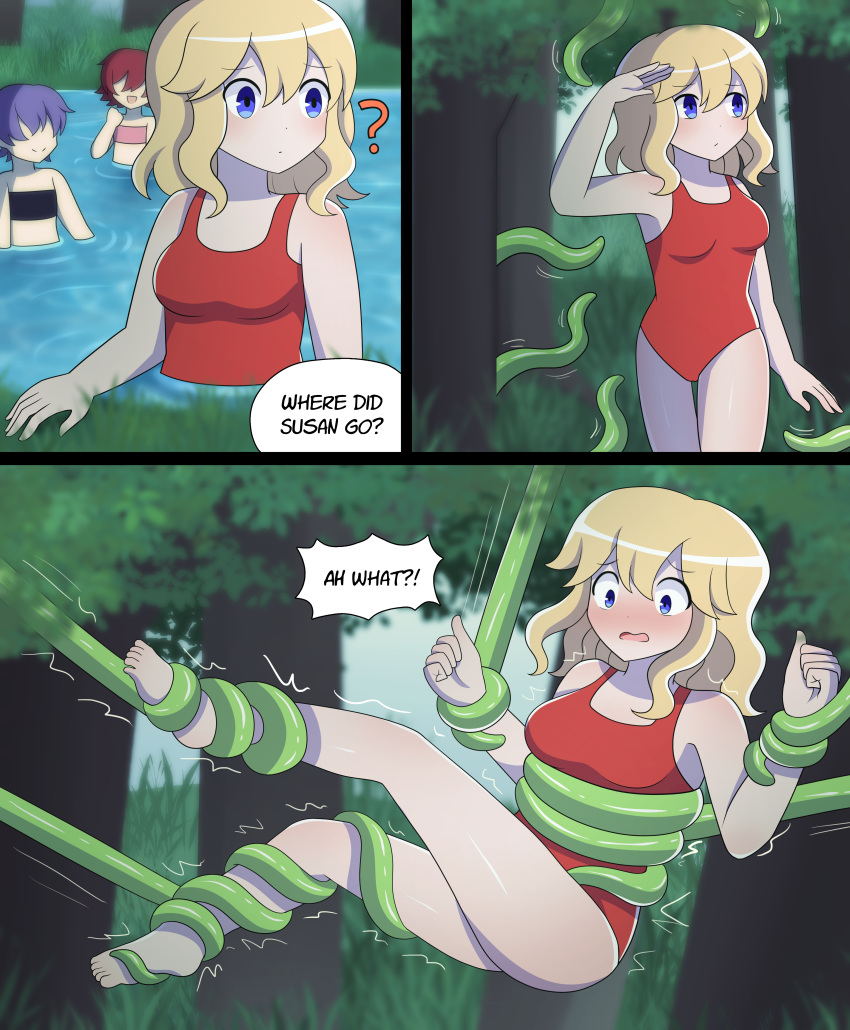 blonde_hair blue_eyes blush captured caught lazzysin plant plant_tentacle restrained_by_tentacles shaking swimsuit tagme tentacle tentacle_restraint