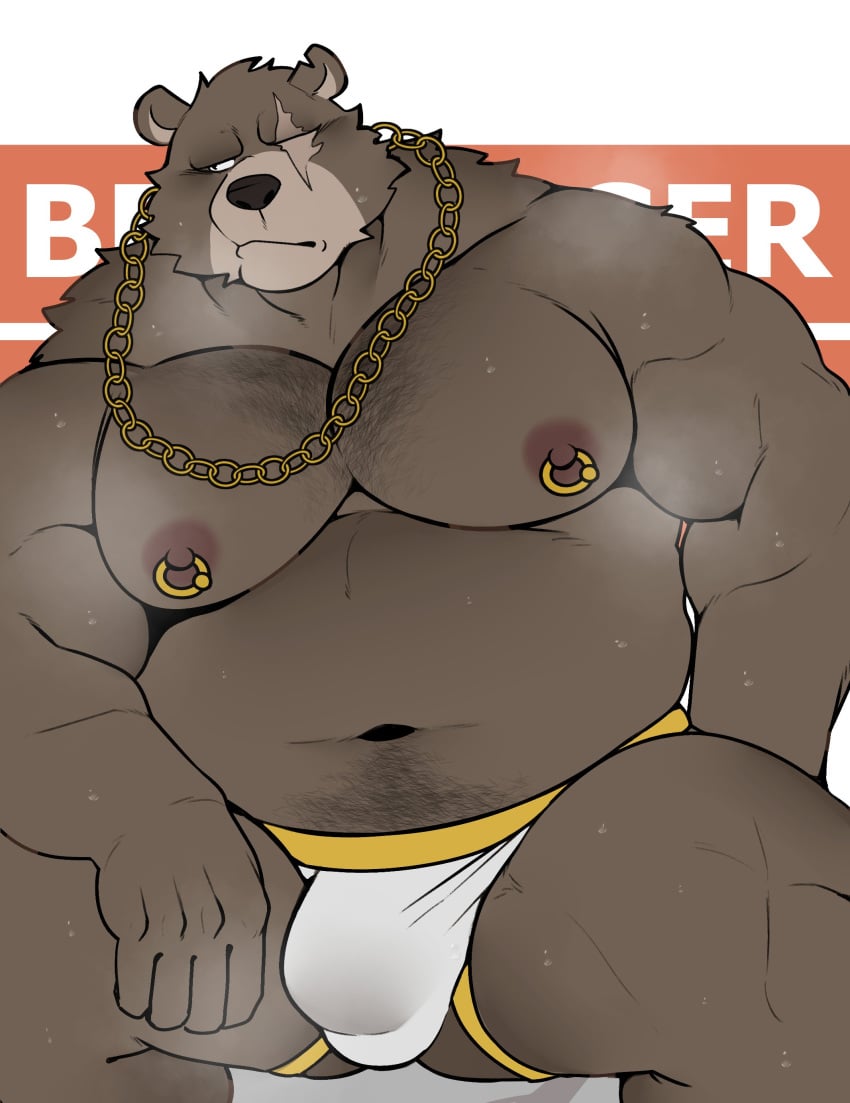 2024 absurd_res anthro bear belly ben_bigger biceps brown_body brown_fur bulge chain_necklace character_name clothing detailed_bulge eye_scar facial_scar fur genital_outline hi_res jewelry jockstrap male male_only mammal mihoyo moobs mostly_nude musclegut muscular navel necklace nipple_piercing nipples notched_ear overweight overweight_male penis_outline piercing pubes scar solo solo_male spread_legs spreading underwear white_clothing white_jockstrap white_underwear whitebeast20 zenless_zone_zero