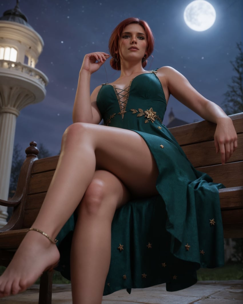 ai_generated breasts chameleonhops clothing crossed_legs dress feet female light-skinned_female looking_at_viewer red_hair solo the_witcher_(series) the_witcher_3:_wild_hunt triss_merigold