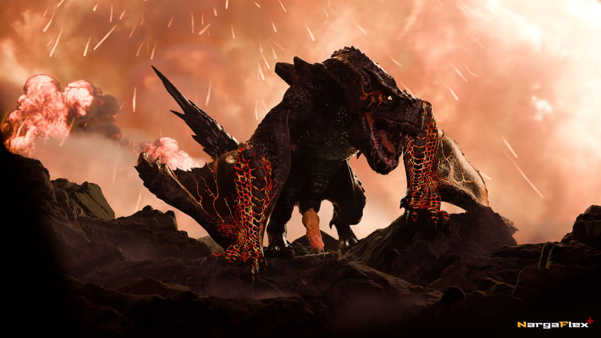 bodily_fluids capcom drooling feral fire flying_wyvern genitals hi_res looking_at_viewer male monster_hunter nargaflex orange_sky penis rock saliva sky solo tagme tigrex wings