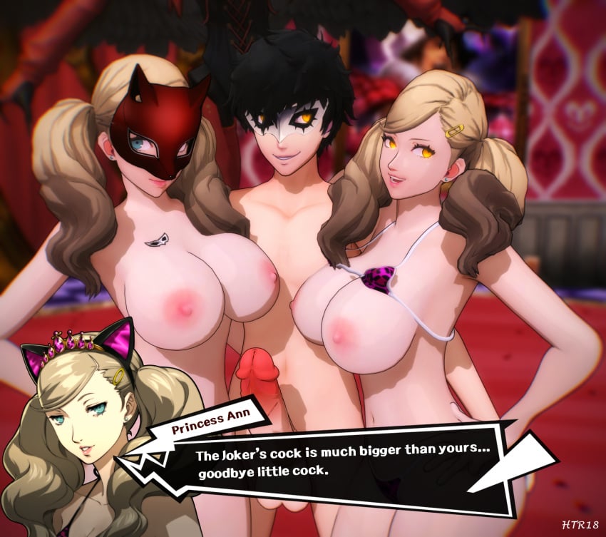 3d ann_takamaki atlus big_breasts big_penis bikini bikini_pull clothing cognitive_ann dialogue htr18 human joker_(persona) pale_skin penis persona persona_5 phantom_thief_suit ren_amamiya shadow_(persona) smile tagme