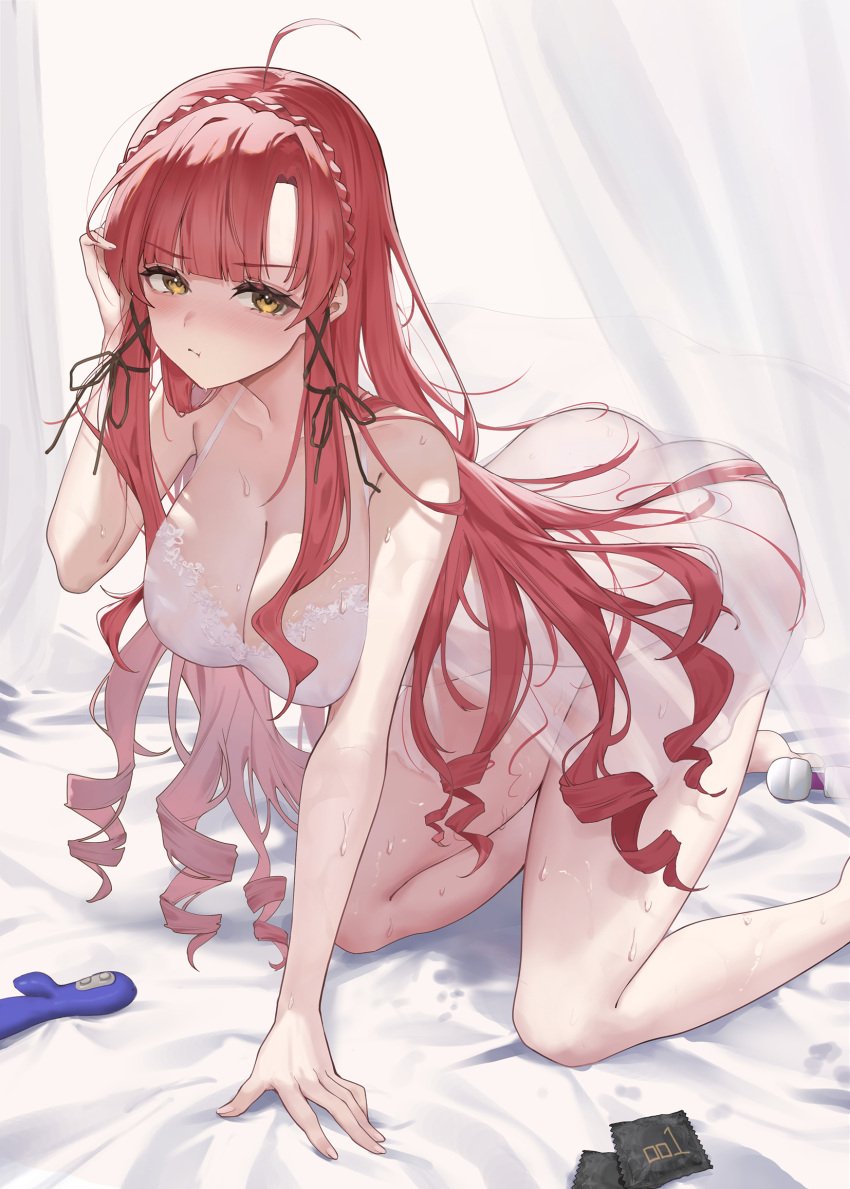 ahoge all_fours ass babydoll bare_arms bare_legs bare_shoulders barefoot bed_sheet black_ribbon blunt_bangs blush braid breasts cleavage closed_mouth collarbone condom condom_wrapper crown_braid curtains drill_hair fang_qiao female foot_out_of_frame from_side glaring hair_intakes hair_ribbon hand_in_own_hair hand_up highres lace_trim large_breasts lingerie long_hair looking_at_viewer nose_blush original parted_bangs pout pussy_juice_stain red_hair ribbon see-through sex_toy sidelocks solo sweat underwear v-shaped_eyebrows very_long_hair vibrator white_babydoll yellow_eyes