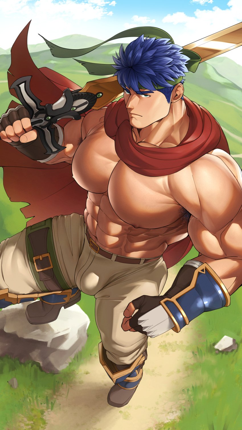 abs armpit_hair bara biceps blue_eyes blue_hair bulge clothing fire_emblem fire_emblem:_path_of_radiance fire_emblem:_radiant_dawn ike_(fire_emblem) looking_at_viewer male male_nipples male_only muscular_male nintendo nipples pecs ruisselait tight_clothing