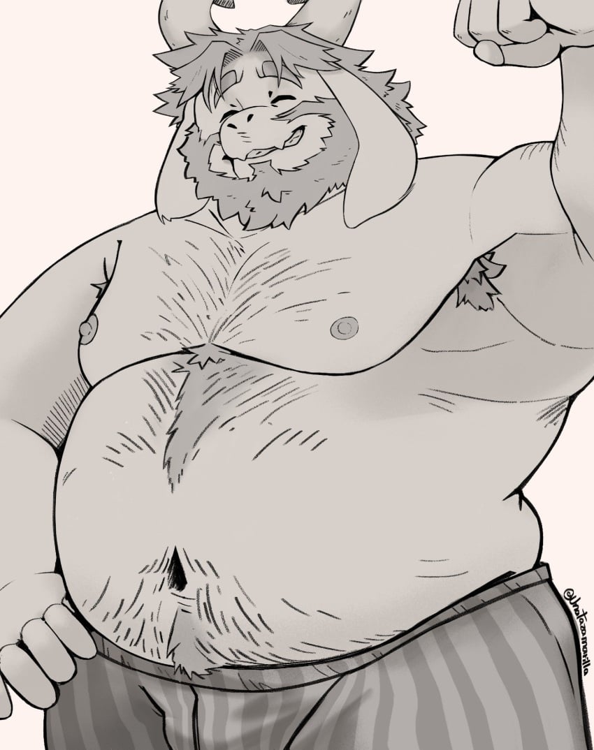 armpit_hair asgore_dreemurr chubby flexing flexing_bicep furry monochrome no_visible_genitalia shirtless solo_anthro solo_male unatazaamarilla undertail