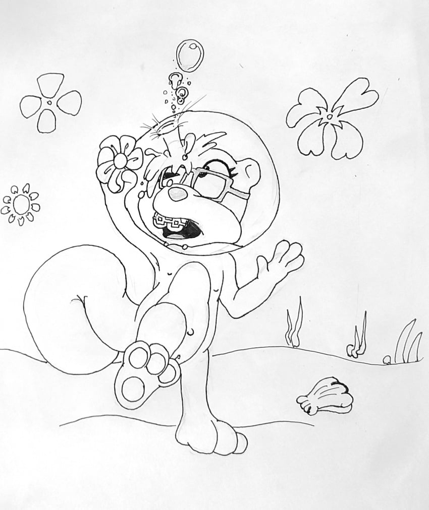 1girls aged_down anthro barefoot braces bubbles cub diving_helmet dtcg feet female flat_chest furry glasses helmet leak monochrome navel nickelodeon nipples nude ocean paws peril pussy sandy_cheeks sea sketch skinny_dipping solo spongebob_squarepants squirrel tagme traditional_media_(artwork) underwater water young