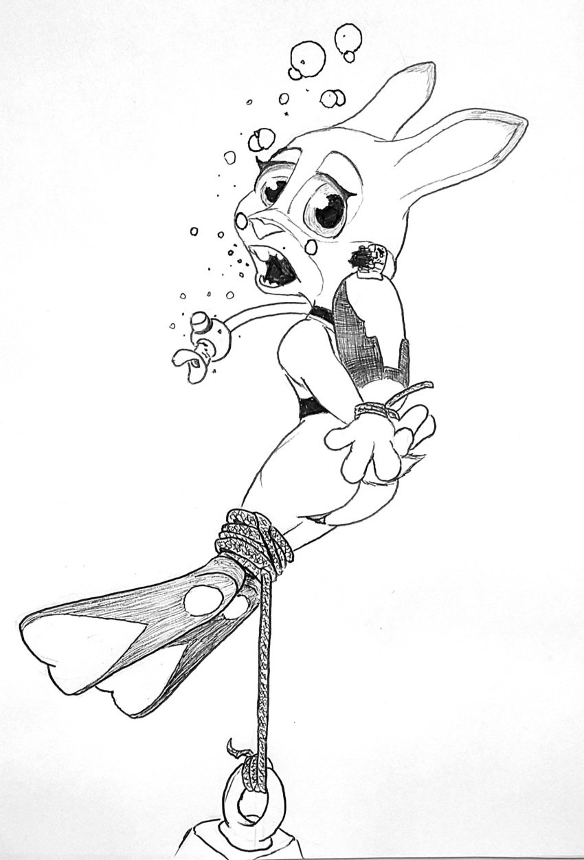 1girls alternate_version_available anthro ass bondage bubbles disney drowning dtcg female fins flippers furry judy_hopps monochrome nude ocean peril pussy rabbit regulator rope rope_bondage scuba scuba_gear sea sketch solo swimming_fins tagme tied_hands tied_legs tied_up traditional_media_(artwork) trapped underwater water zootopia