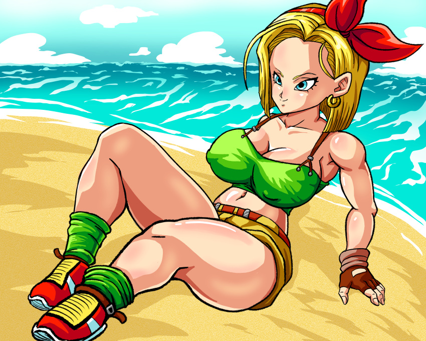 android_18 beach big_breasts blonde_hair blue_eyes crop_top dragon_ball dragon_ball_super dragon_ball_z launch_(cosplay) milf ribbon_in_hair shorts superspacewarrior