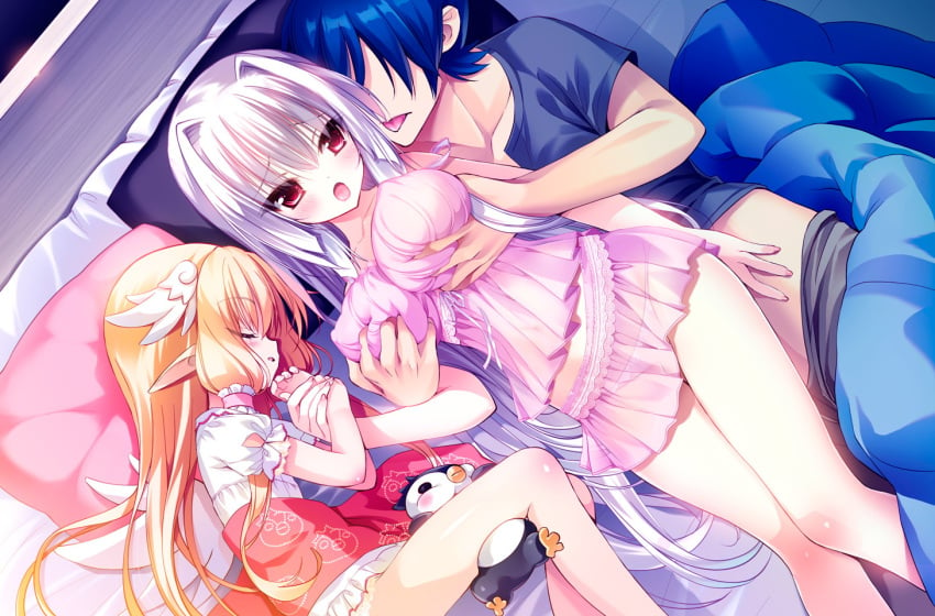 1boy 2girls bed blonde_hair blue_hair blush breast_grab breasts closed_eyes cuckquean erect_nipples flat_chest game_cg highres large_breasts legs long_hair mayoeru_futari_to_sekai_no_subete_love_heaven_300_percent multiple_girls on_side open_mouth pajamas panties pants_down pillow pink_eyes sex_next_to_sleeping_person sharing_bed silver_hair sleeping thighs underwear youta